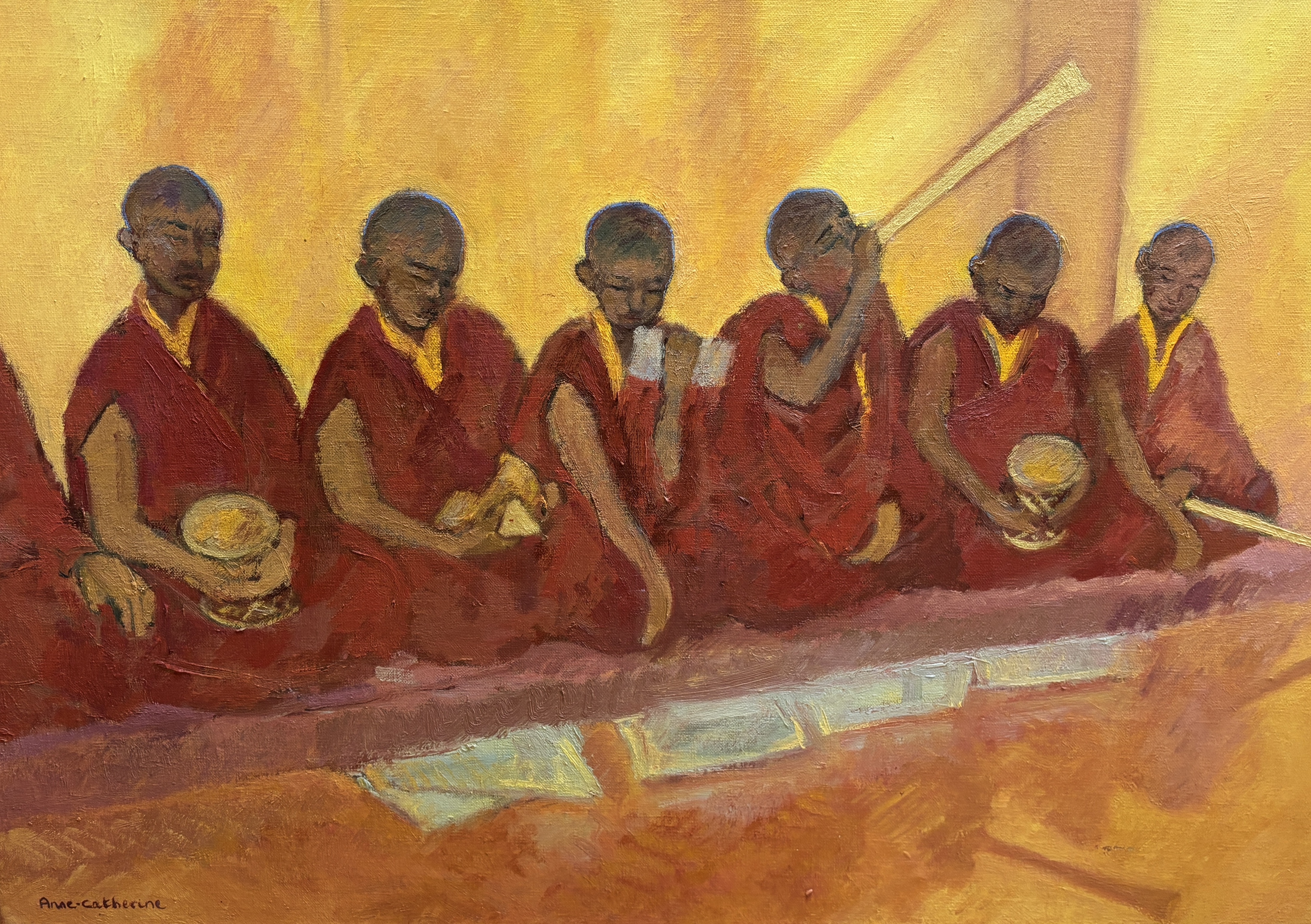 Anne-Catherine Phillips (20th. C), oil on canvas, Buddhist monks, signed, 50 x 70cm, unframed